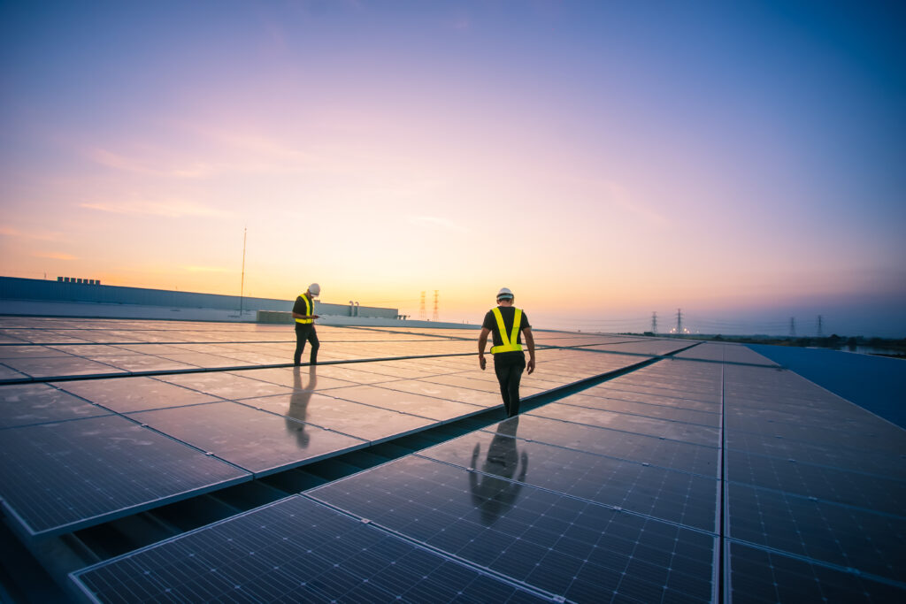 engineer service check installation solar cell on the roof of fa